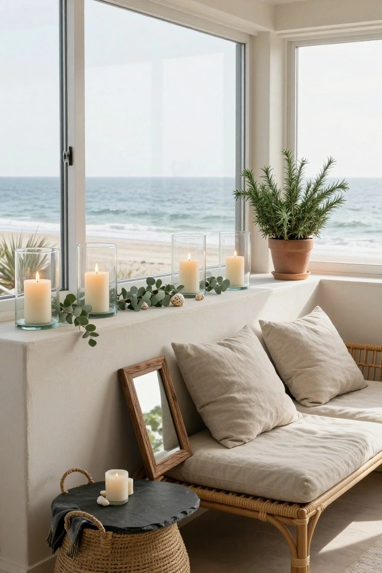 Indoor corner with large windows overlooking ocean beach and palms, wide sill holding glass cylinder candles amid eucalyptus garlands and shells, potted rosemary plant, beige cushioned rattan daybed, and slate side table with more candles.