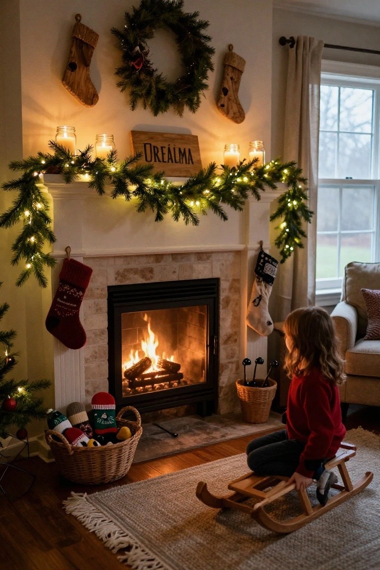 Living room fireplace mantel decorated with evergreen garland strung with fairy lights, candles in glass jars, assorted Christmas stockings hanging from it, and a basket of stuffed toys nearby, with a girl in a red sweater sitting on a wooden sled on the rug in front.