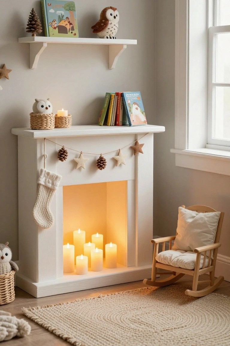White faux fireplace mantel in a light gray nursery with multiple pillar candles glowing inside the hearth, decorated with twine garland of pinecones and stars plus a white knit stocking, surrounded by bookshelves, owl plush toys, basket, and wooden rocking chair on a round rug.