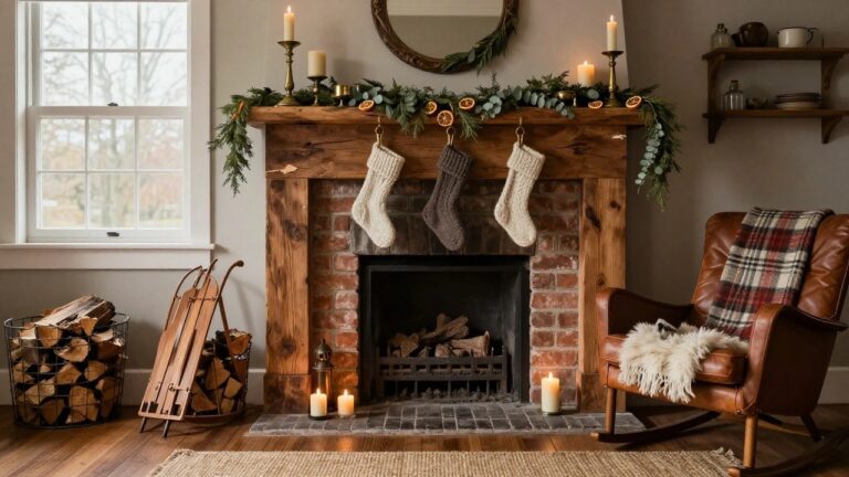 21 Candlelit Christmas Mantle Ideas That Create a Dreamy Atmosphere Rustic wooden beam mantel over a brick fireplace decorated with three cream knit stockings, evergreen garland with dried oranges, brass candlesticks with white candles, firewood basket, wooden sled, and armchair in a neutral living room.