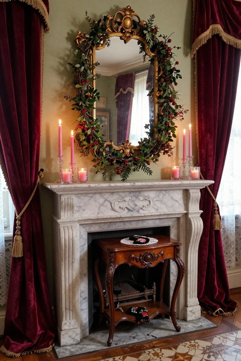 Ornate gold-framed oval mirror on a marble fireplace mantel, decorated with evergreen garland, holly branches, and red berries, flanked by pink taper candles in crystal holders and glass votive candles on the hearth, with a small wooden table nearby holding embroidered items and more candles, in a green-walled room with burgundy velvet curtains.