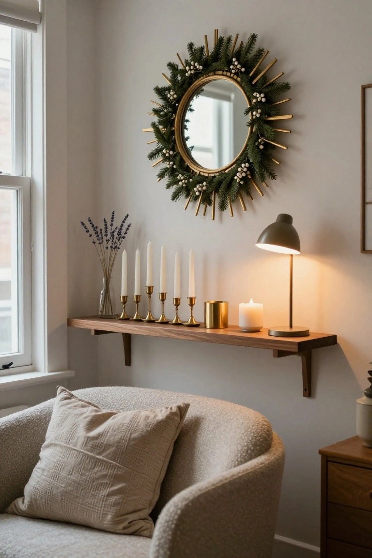 Interior corner with a wooden floating shelf displaying gold candlesticks holding white taper candles, a lit green lamp, a gold cup, and a white pillar candle, beside a gold sunburst mirror wreath with greenery and berries, dried lavender in a vase, and a cream bouclé armchair below.