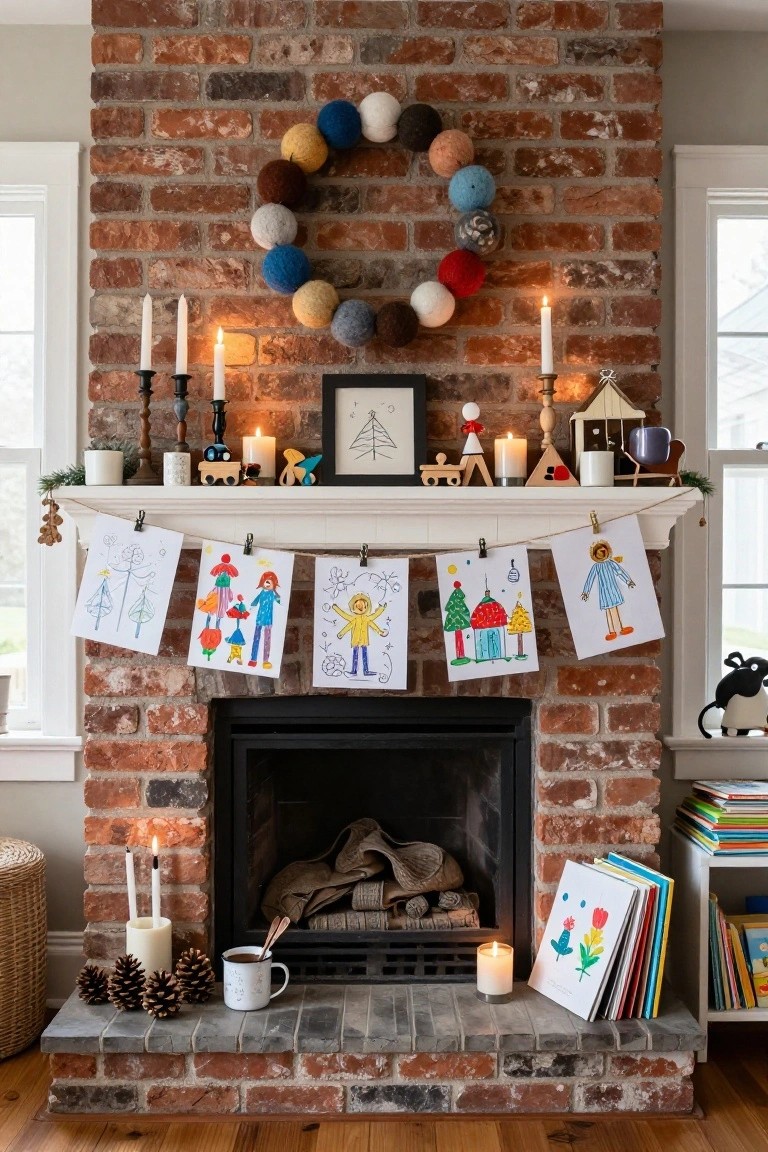 Brick fireplace mantel with a wool pom-pom wreath on the wall, white garland of children's colorful drawings clipped with clothespins across the shelf, wooden toys and candles on the mantel, pinecones and books nearby.
