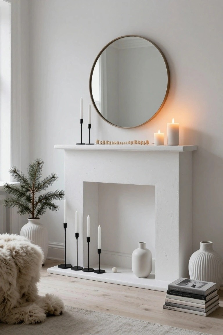 Minimalist white fireplace with candles, a mirror, and a small evergreen plant.