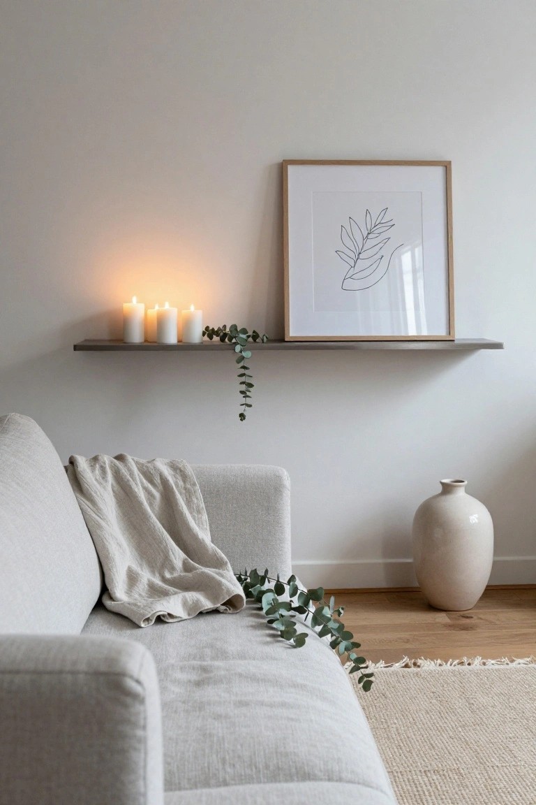 Gray floating wood shelf on white wall displays three lit white pillar candles, trailing eucalyptus, and a framed black line drawing of leaves, with light gray sofa, cream vase, and seagrass rug below.