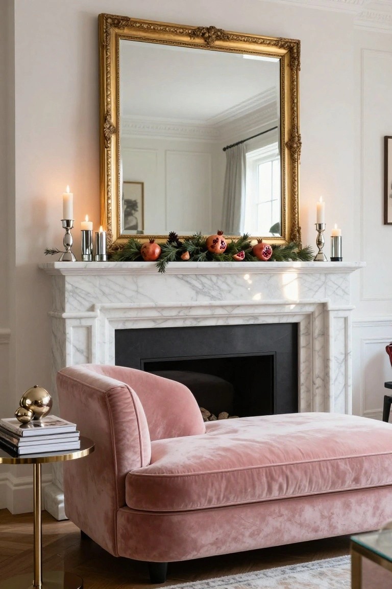 A marble fireplace mantel decorated with evergreen garland, pomegranates, pinecones, and candles in silver holders, below a large ornate gold mirror in a white-paneled living room with a pink velvet chaise lounge nearby.
