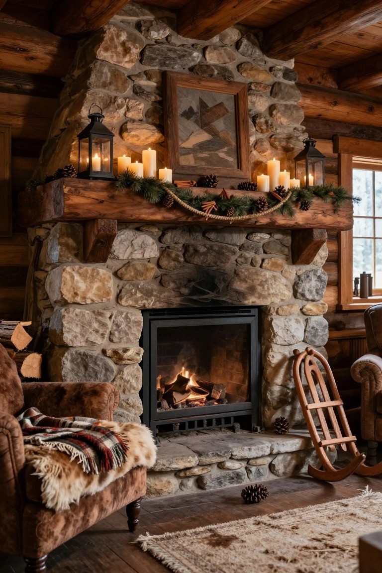 Rustic stone fireplace mantel in a log cabin living room decorated with evergreen garland, pinecones, cinnamon sticks, pillar candles, and lanterns, with a fire burning inside and a brown armchair with plaid blanket nearby.