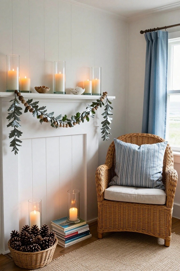 White paneled fireplace mantel holding glass cylinder candles and a scalloped bowl, with eucalyptus and bead garland draped over the edge, pinecone basket and books on the floor beside a blue-striped wicker armchair in a room with blue curtains and a window.