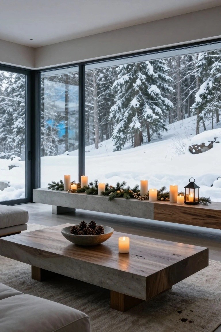 Modern living room interior with floor-to-ceiling black-framed windows overlooking snowy pine forest and mountains, concrete bench decorated with evergreen garland, pillar candles, pinecones, and lanterns, wooden coffee table holding a bowl of pinecones and a candle, gray sofa nearby.