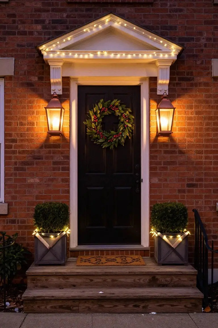 Brick house front entrance with black double door under white pediment edged in white string lights, flanked by lit copper lanterns, holly wreath on door, potted boxwood plants with string lights in wooden boxes on porch steps, and patterned welcome mat.