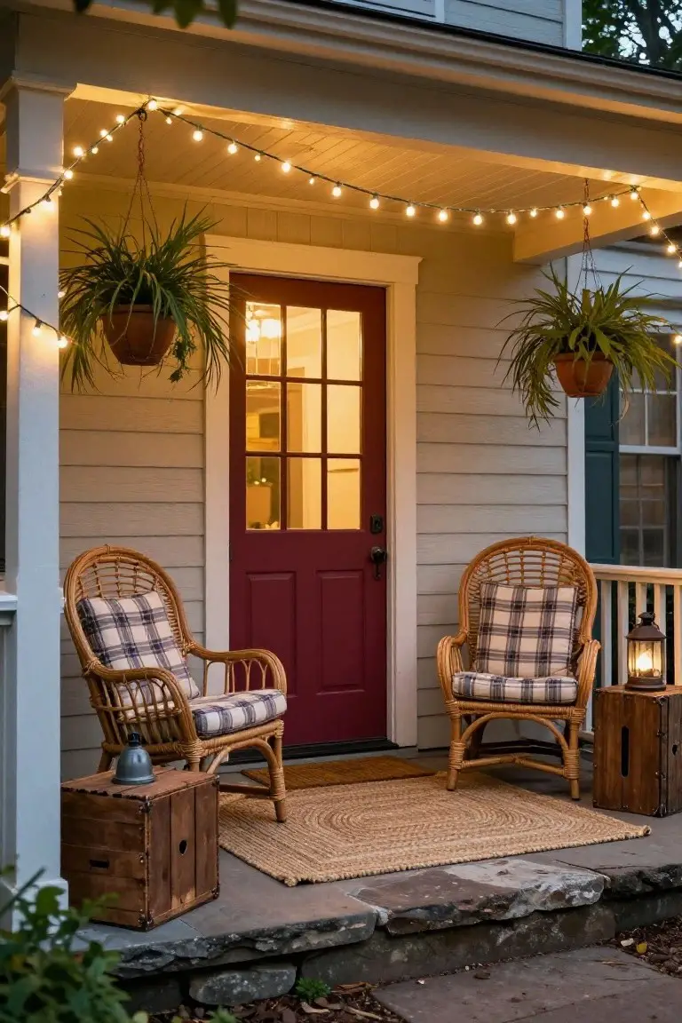 Front porch of a gray shingled house at dusk with string lights hanging from the ceiling, two wicker armchairs with plaid cushions on a round seagrass rug, hanging potted plants, a red door with glass panels, wooden crates as side tables, and a lantern.