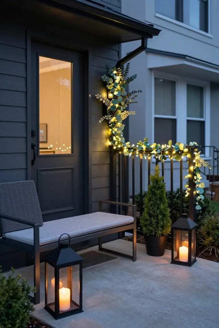 Dark gray front porch with glass door framed by eucalyptus garland strung with white fairy lights along the railing, black metal lanterns with candles on the concrete, a bench nearby, and potted plants.