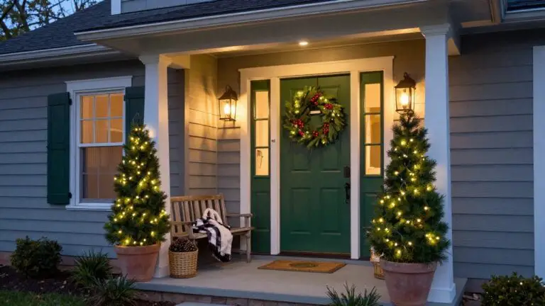 White clapboard house front porch with green door, evergreen wreath with red berries and lights, two small potted Christmas trees strung with white lights flanking concrete steps, wooden bench with plaid blanket, metal lanterns, and woven baskets of pinecones.