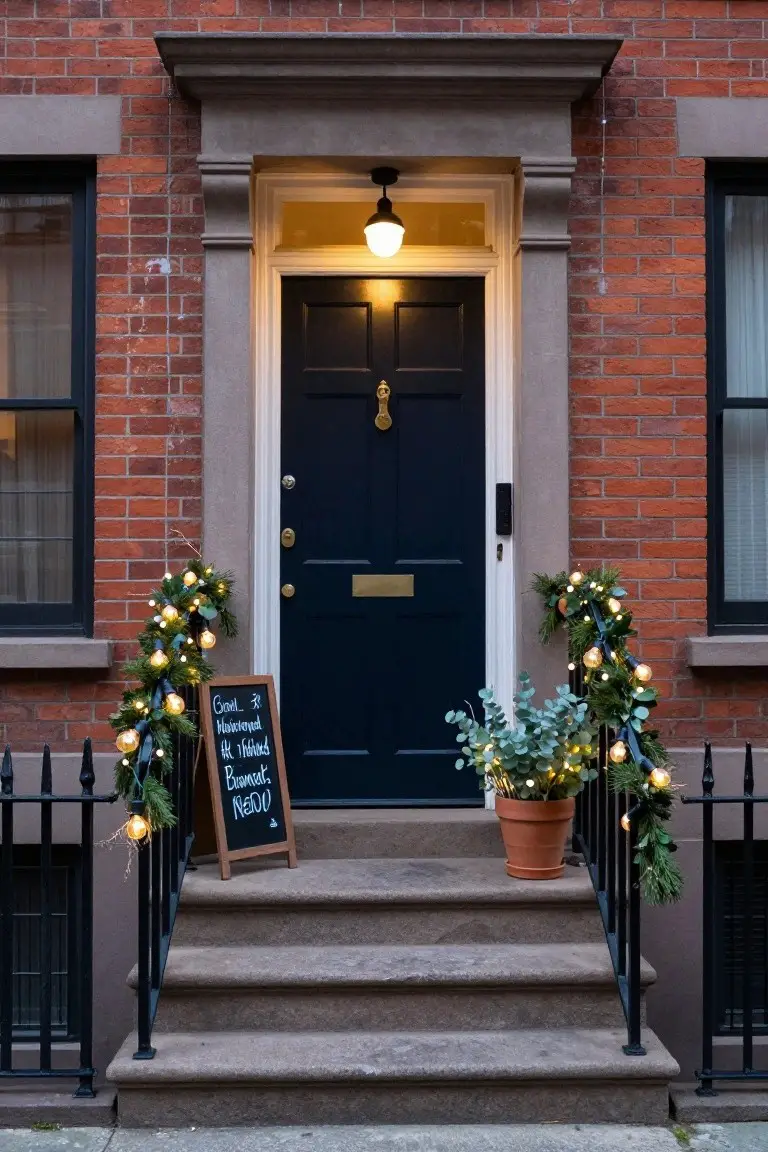 Brick townhouse front stoop with navy door, black iron railings wrapped in Christmas garlands and warm globe string lights, eucalyptus in a terracotta pot, and a chalkboard sign on the steps.