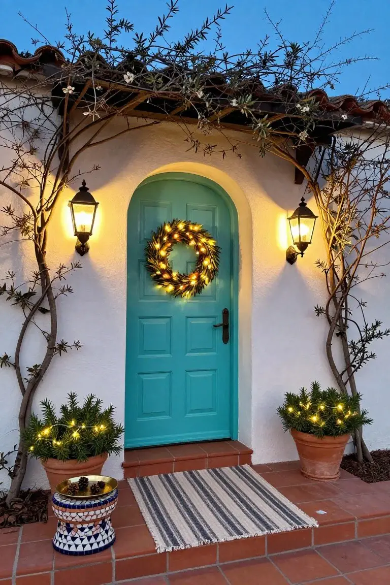 Turquoise paneled door with arched top on white stucco wall, flanked by two lit black lanterns, centered lighted evergreen wreath, potted plants with fairy lights, olive branches overhead, terracotta pots with pinecones on stool, striped doormat, and red tile roof at dusk.