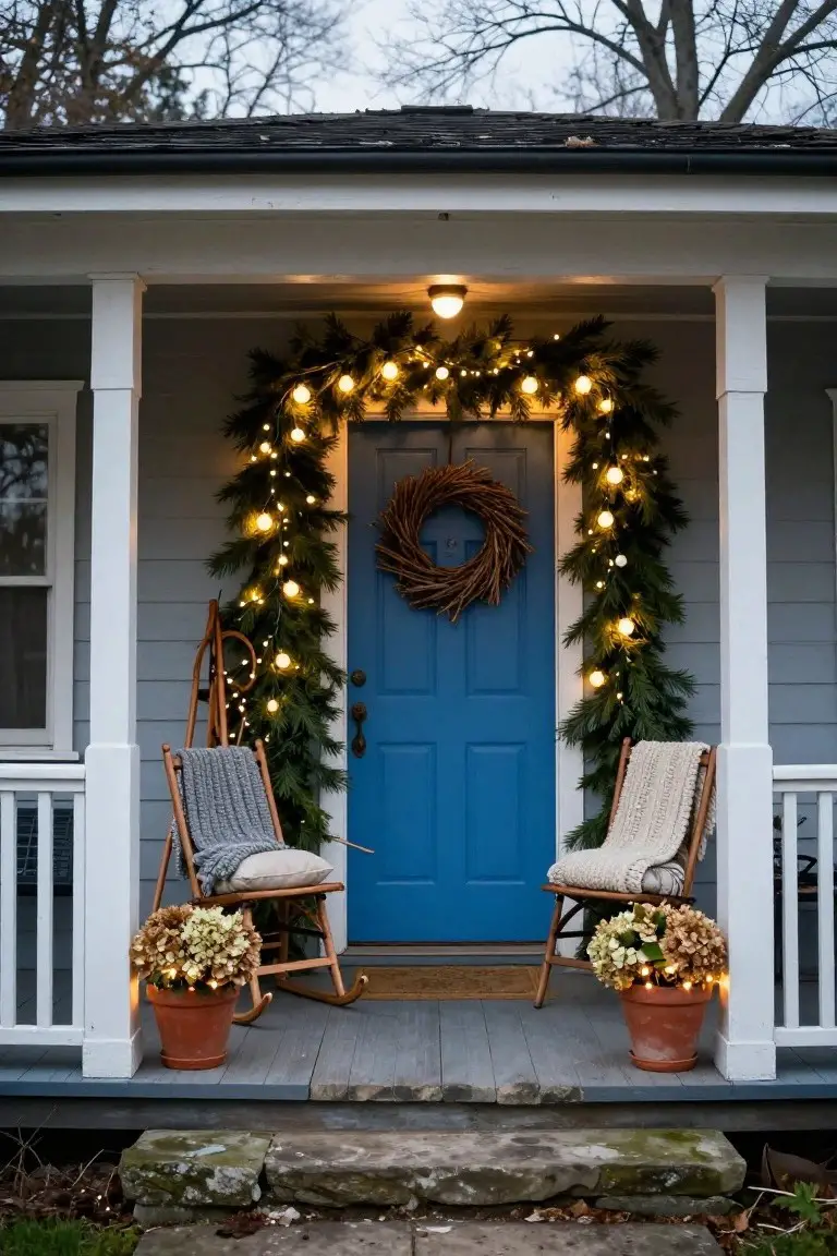 Gray house front porch with white columns and blue door decorated in evergreen garlands strung with white fairy lights, wheat wreath on door, two wooden rocking chairs with blankets and pillows, and potted plants in terracotta pots.