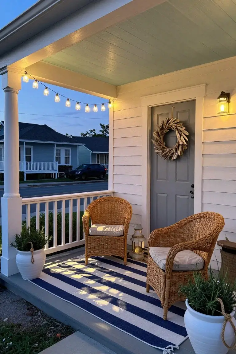 Front porch with white shiplap siding, gray front door with driftwood wreath, two wicker armchairs on navy and white striped outdoor rug, potted rosemary plants, lanterns, and globe string lights hanging from mint green ceiling at dusk with neighboring houses visible.