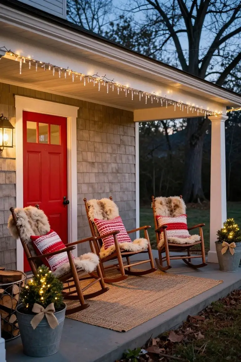 Gray shingled house front porch at dusk with red paneled door, lantern light, three wooden rocking chairs topped with plaid pillows and sheepskin throws, potted lit Christmas trees in metal buckets, stacked firewood, and icicle string lights hanging from white eaves over a seagrass rug.