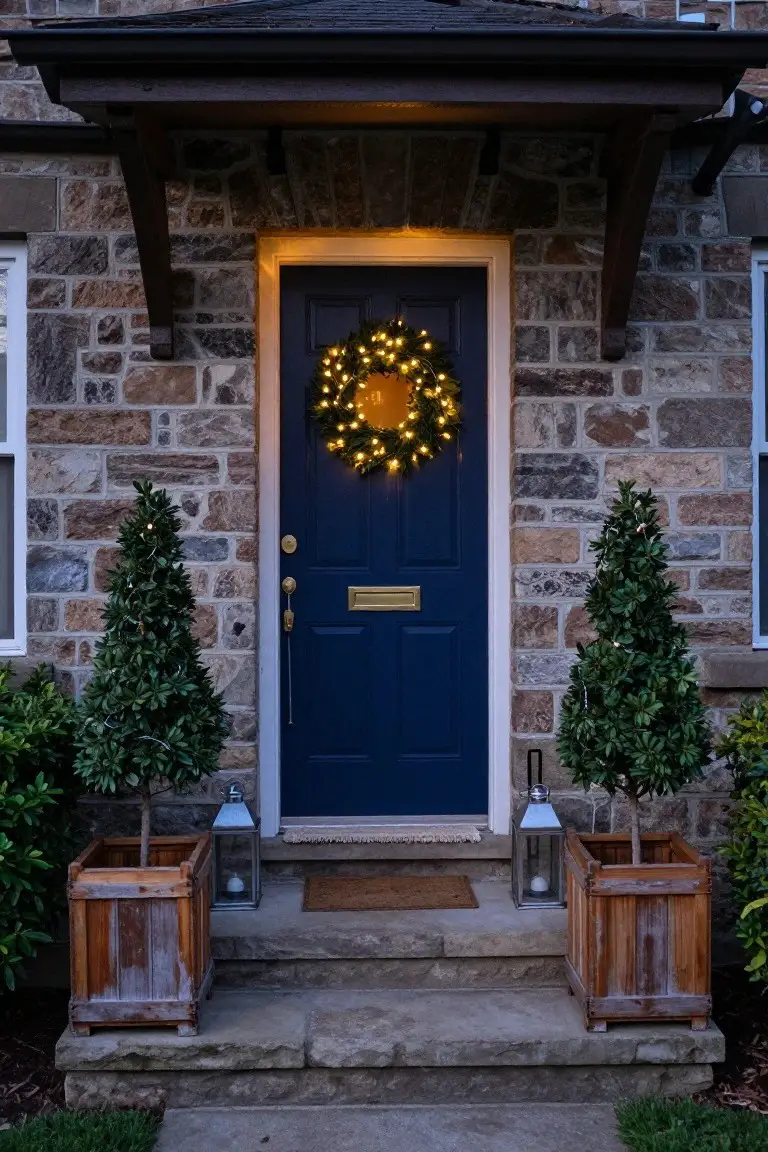 Stone house facade with navy blue front door centered under a porch overhang, decorated with a Christmas wreath strung with white lights, flanked by two potted topiary trees with lights in wooden planters and lanterns on the steps.