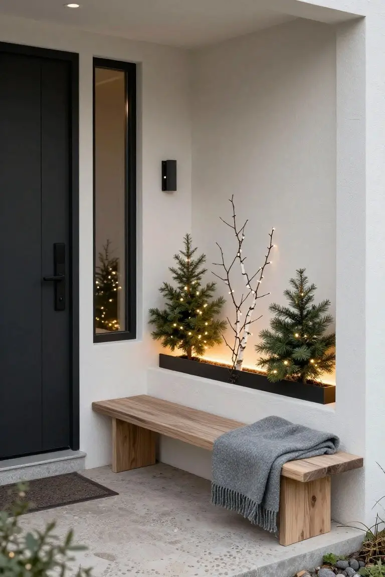 Modern front porch with black front door, narrow window, recessed black planters holding small lit Christmas trees and branches, wooden bench draped with gray blanket, and concrete flooring with doormat.
