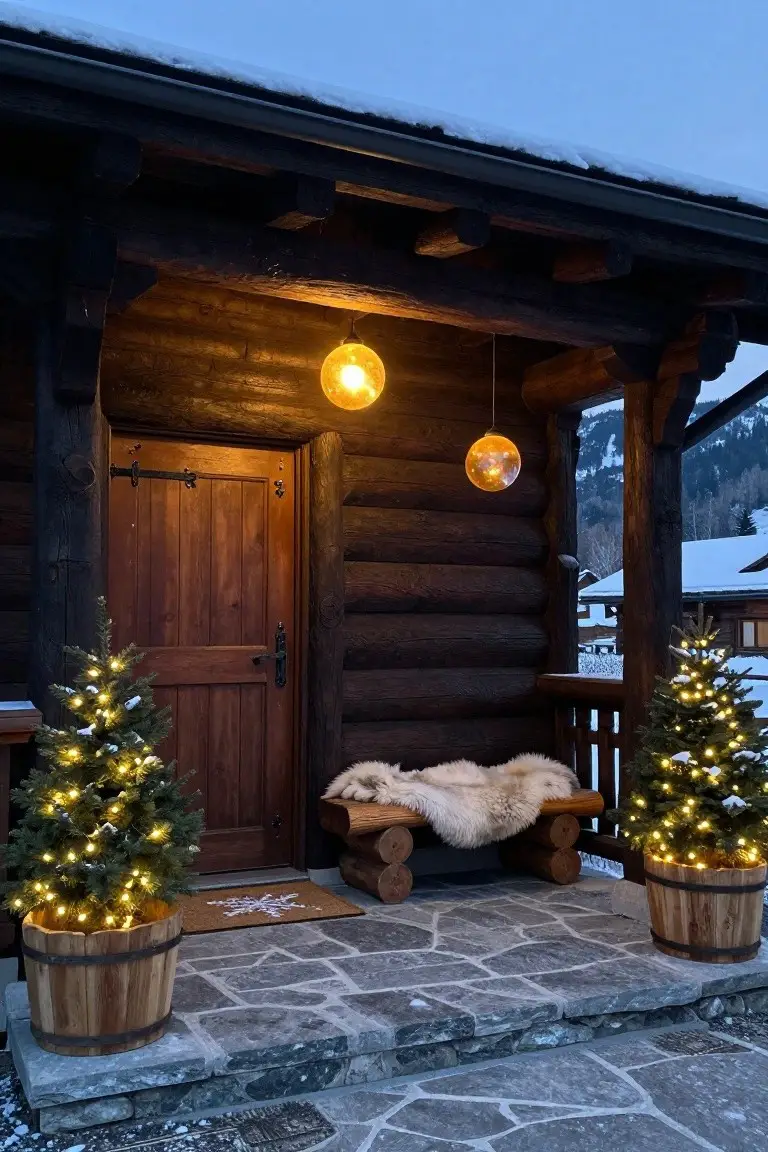 Snow-covered front porch of a log cabin featuring a wooden door flanked by two small lit Christmas trees in wooden barrel planters, a sheepskin-draped wooden bench, hanging orange globe lights, and stone steps.