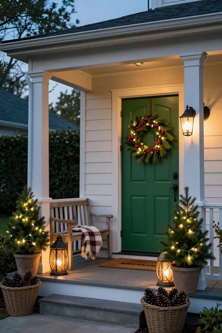 White clapboard house front porch with green door, evergreen wreath with red berries and lights, two small potted Christmas trees strung with white lights flanking concrete steps, wooden bench with plaid blanket, metal lanterns, and woven baskets of pinecones.