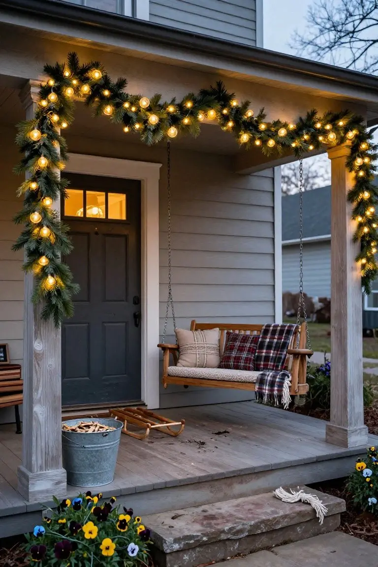 Gray clapboard house front porch at dusk decorated for Christmas with pine garlands and warm white bulb string lights wrapped around wooden posts and overhead beams, porch swing with pillows and plaid blanket, galvanized bucket holding wooden sled runners, potted pansies, and stone steps.
