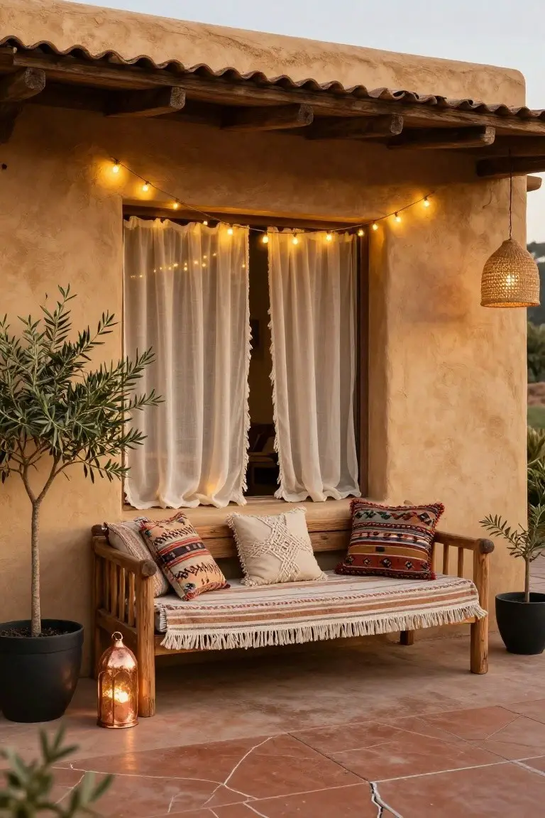 Adobe-style porch wall with sheer curtains in window, string lights along eaves and window, wooden bench with colorful pillows and woven throw, potted olive tree, copper lantern, and hanging basket lantern on terracotta patio at dusk.