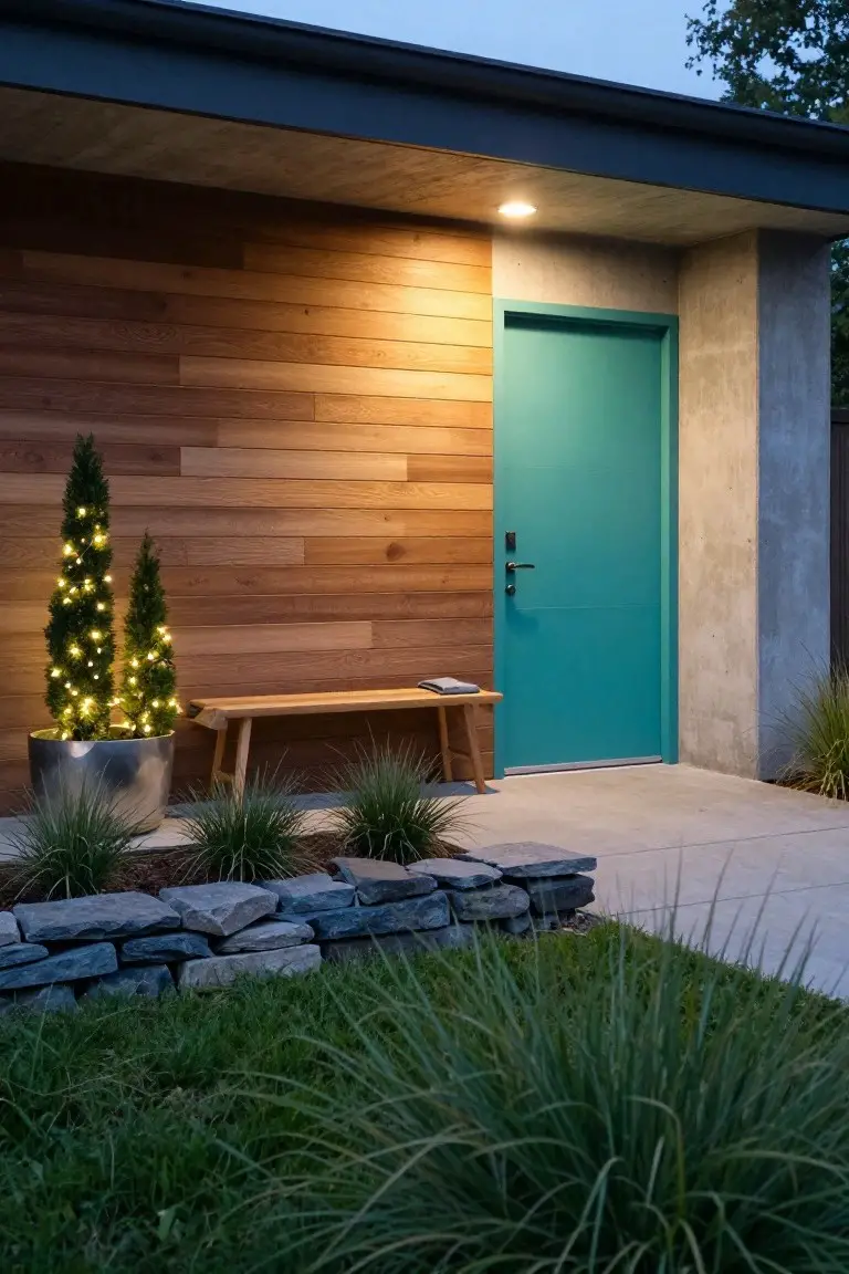 Potted Trees Light Up the Entry Bench