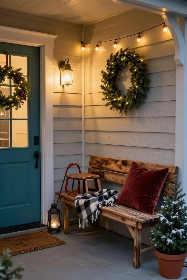 Front porch at dusk featuring a turquoise door with wreath, wall lantern, large lit wreath, wooden bench with red pillow plaid blanket and small potted tree, floor lantern, string lights overhead, and doormat.
