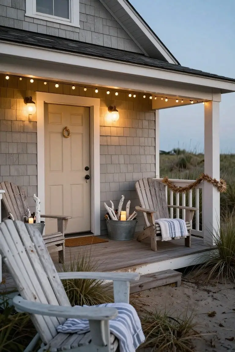 Gray shingled cottage front porch at dusk with beige door, rope wreath, string lights along eaves, two white Adirondack chairs with blankets and pillows, galvanized buckets of driftwood and candles, sea grass garland and plants nearby.