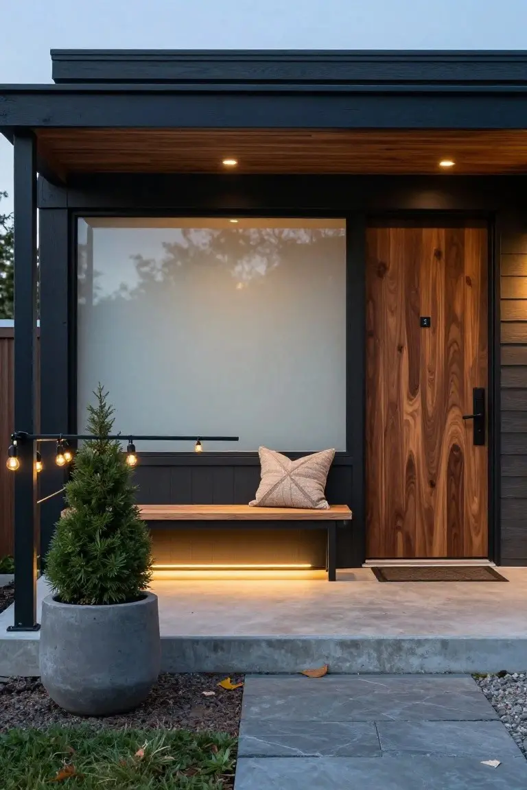 Front porch of a modern house featuring a wooden door, large frosted window, built-in wooden bench with a cushion, potted small evergreen tree beside string lights hanging from a black metal arm, yellow under-bench lighting, and a stone pathway at dusk.