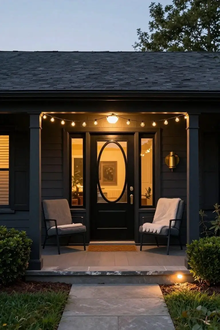 Dark gray house with black front door and oval window on a porch lit by white string lights at dusk, flanked by two gray chairs with white blankets, shrubs, and a stone walkway.