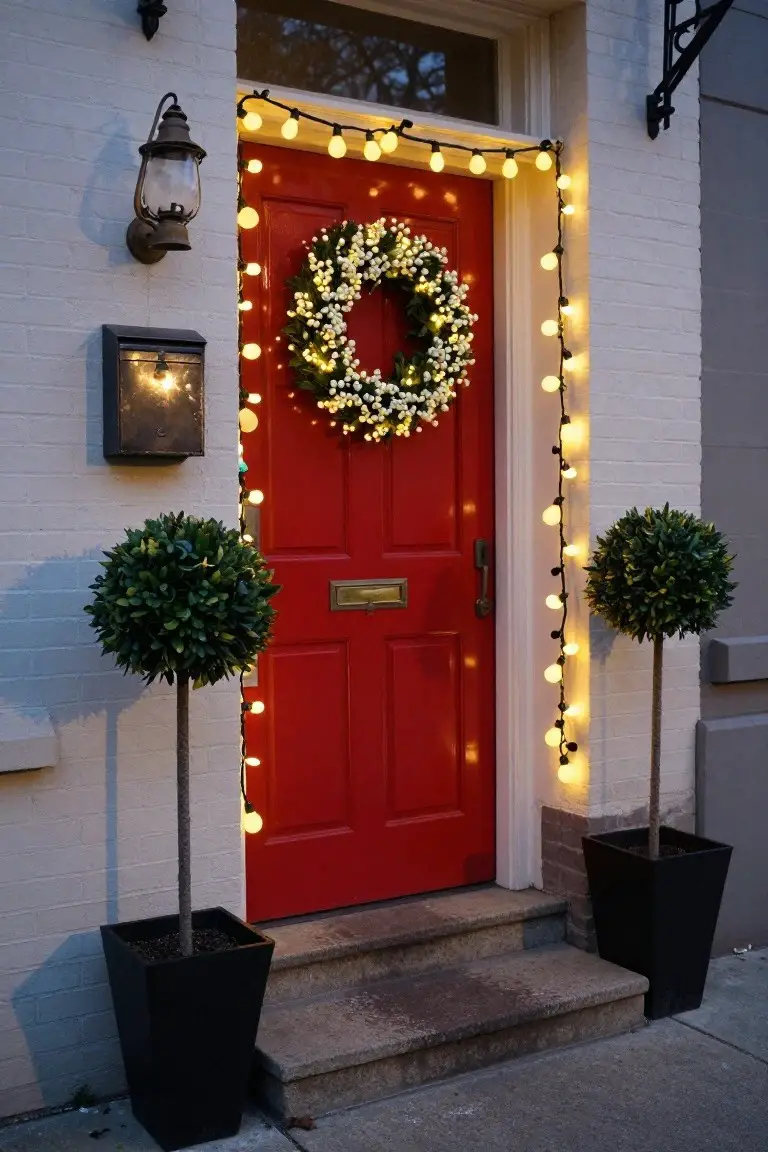 Red front door on a white house exterior decorated for Christmas with a white berry wreath, yellow string lights outlining the door and architecture, two black pots of boxwood topiaries flanking the steps, and wall lanterns lit at dusk.