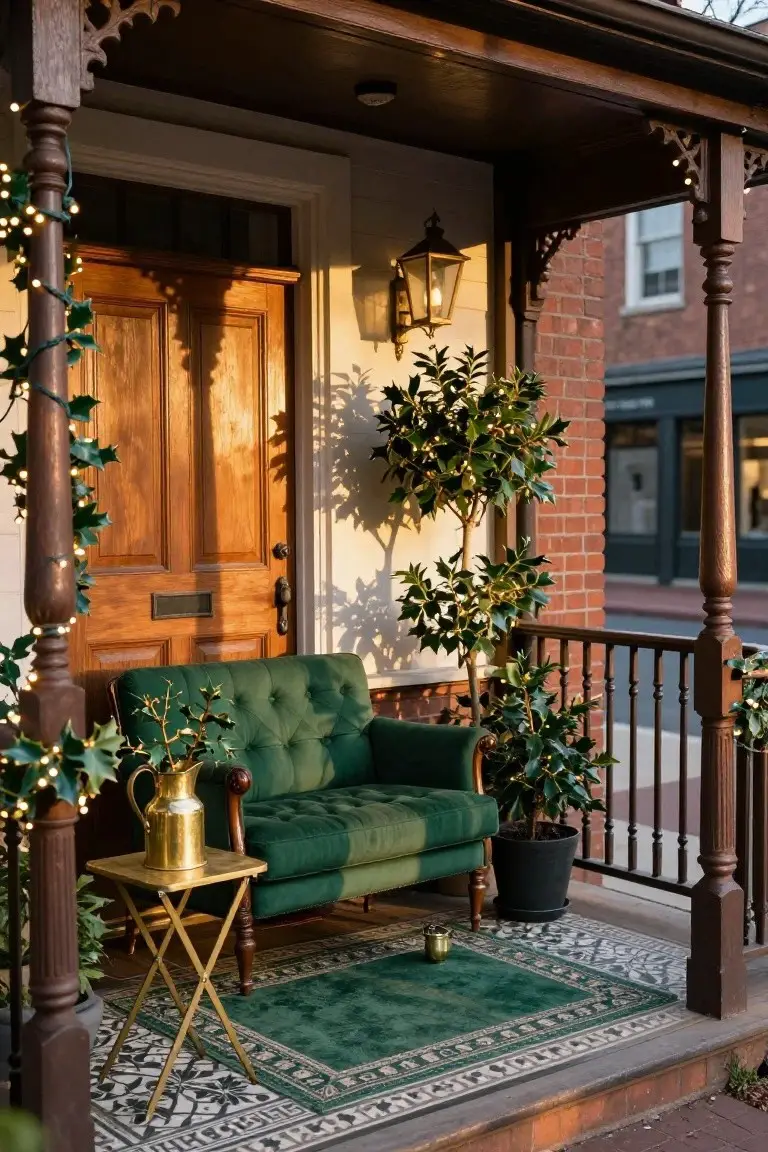 A front porch with ornate wooden posts wrapped in fairy lights and holly, a green velvet loveseat on a green rug with brass table and watering can, potted trees, and an open wooden door.