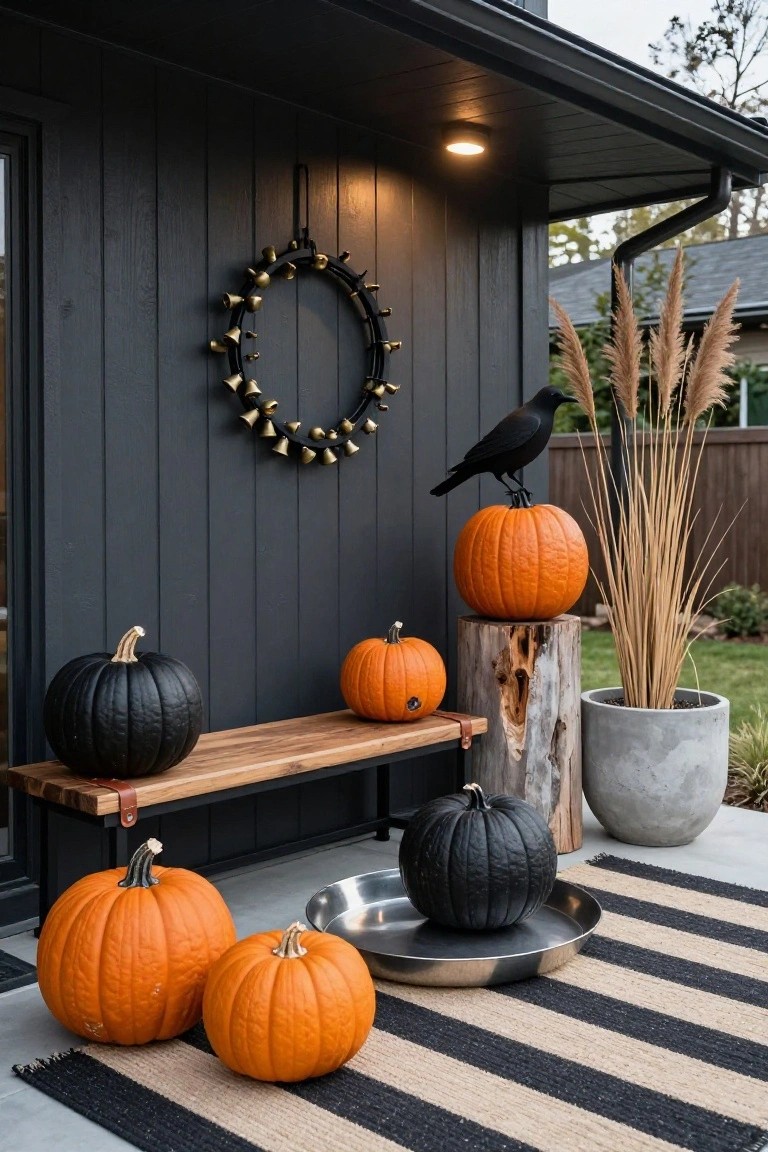 Front porch on a black-shingled house with Halloween decorations including black and orange pumpkins on a wooden bench and ground, a gold bell wreath on the wall, a black crow, pampas grass in a pot, a tree stump, and a black and white striped rug.