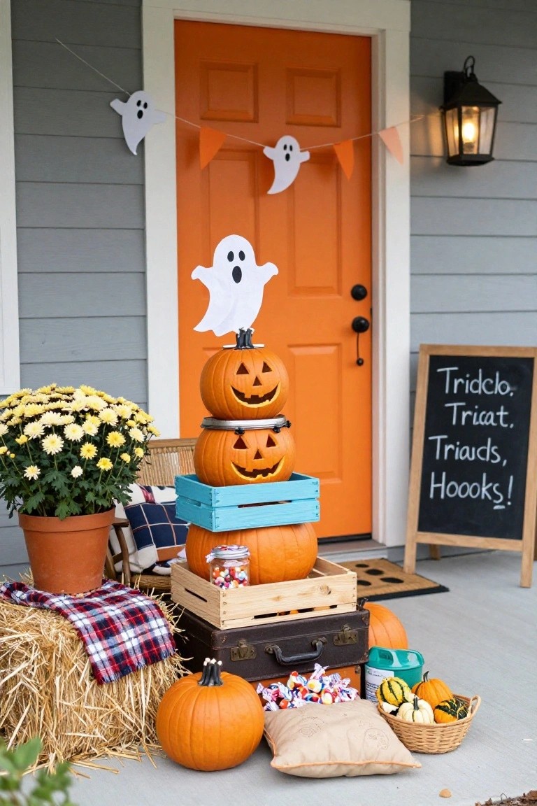 Halloween-decorated front porch featuring a tall stack of three carved jack-o'-lanterns on steps beside an orange front door, with hay bales, additional pumpkins, ghost cutouts, candy jars, and a chalkboard sign.