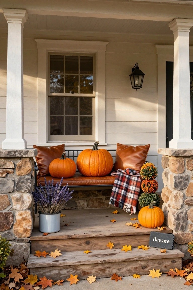 Front porch with white columns and stone base featuring a black metal bench holding tan pillows, orange pumpkins, plaid throw, and lavender bouquet, plus smaller pumpkins on wooden steps and a 