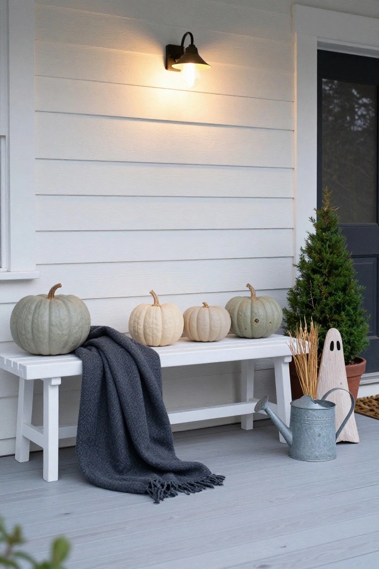 White wooden bench on a front porch displaying neutral gray and white pumpkins with a draped dark gray knit blanket, flanked by wheat stalks, a wooden ghost figure, small evergreen tree in a pot, metal watering can, and wall lantern beside a dark door.
