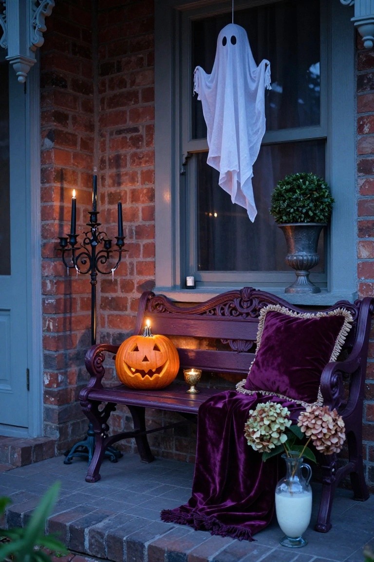 Brick front porch with a carved lit pumpkin on a wooden bench topped by purple velvet pillows and throw, flanked by a candelabra, near a door and window with hanging ghost decoration.