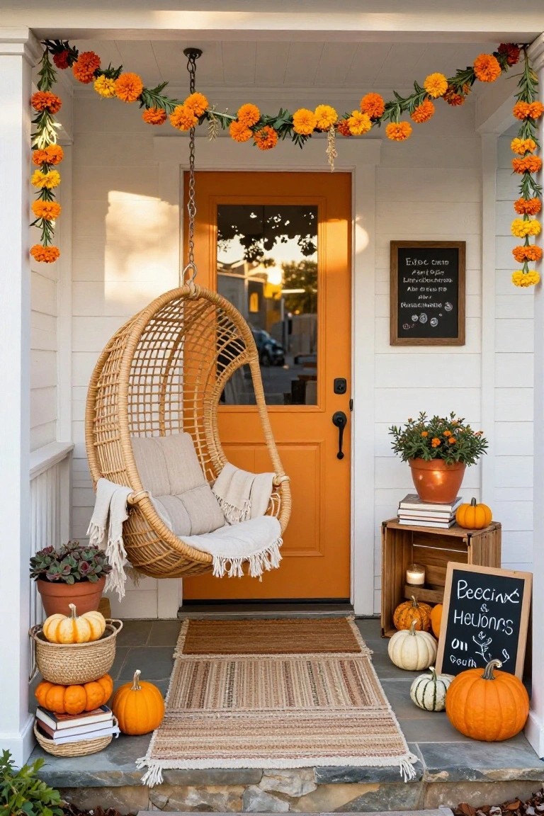 White front porch of a house featuring an orange door, a beige cushioned wicker hanging egg chair swing with throws, orange marigold garlands draped above, assorted pumpkins, potted plants, a wooden crate shelf, and a chalkboard sign.