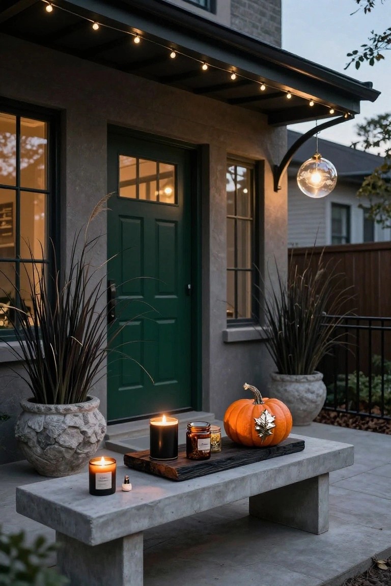 Front porch of a gray brick house with large windows, green door flanked by tall pampas grass in stone pots, concrete bench holding lit black candles, glass jars, and an orange pumpkin with gold maple leaf on a wooden board, overhead string lights, and hanging glass globe lantern.