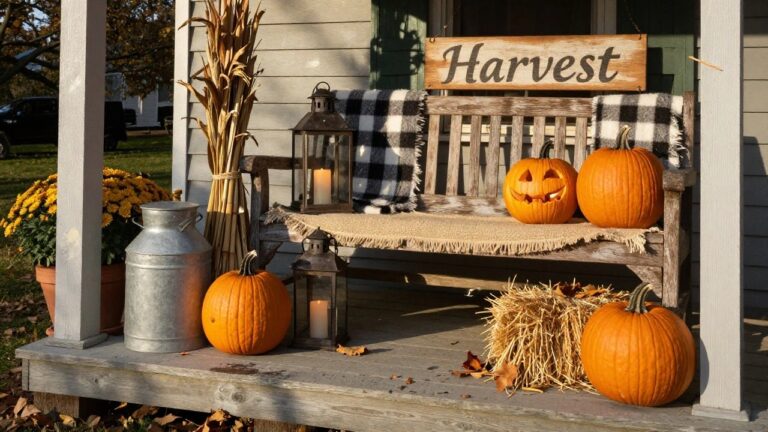 Front porch with two stacked carved orange jack-o-lanterns on steps, flanked by metal lanterns with candles, potted orange mums, a milk can, wheat bundles, plaid and burlap textiles, hay bales, and a wooden Harvest sign.