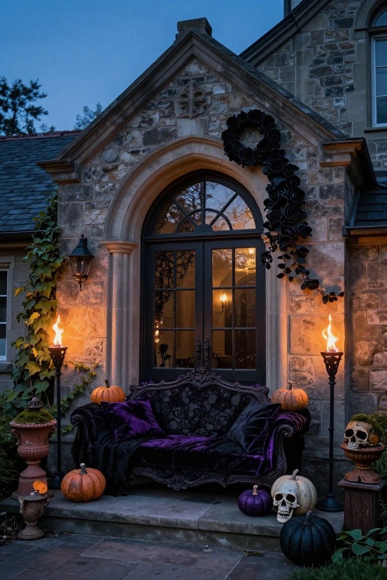 Stone house front porch at dusk decorated for Halloween featuring a black velvet ornate sofa with purple pillows on the steps, flanked by torches, assorted pumpkins including purple and white ones with plastic skulls, ivy, and a black rose wreath above the arched black door.