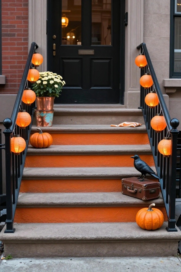 Front stoop of a brick townhouse with black door and orange-painted steps, decorated for Halloween with orange paper lanterns hanging from black railings, pumpkins on steps, potted flowers, a black crow statue, and a brown suitcase.