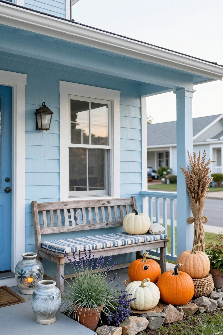 Light blue clapboard house with front porch featuring a weathered wooden bench labeled 