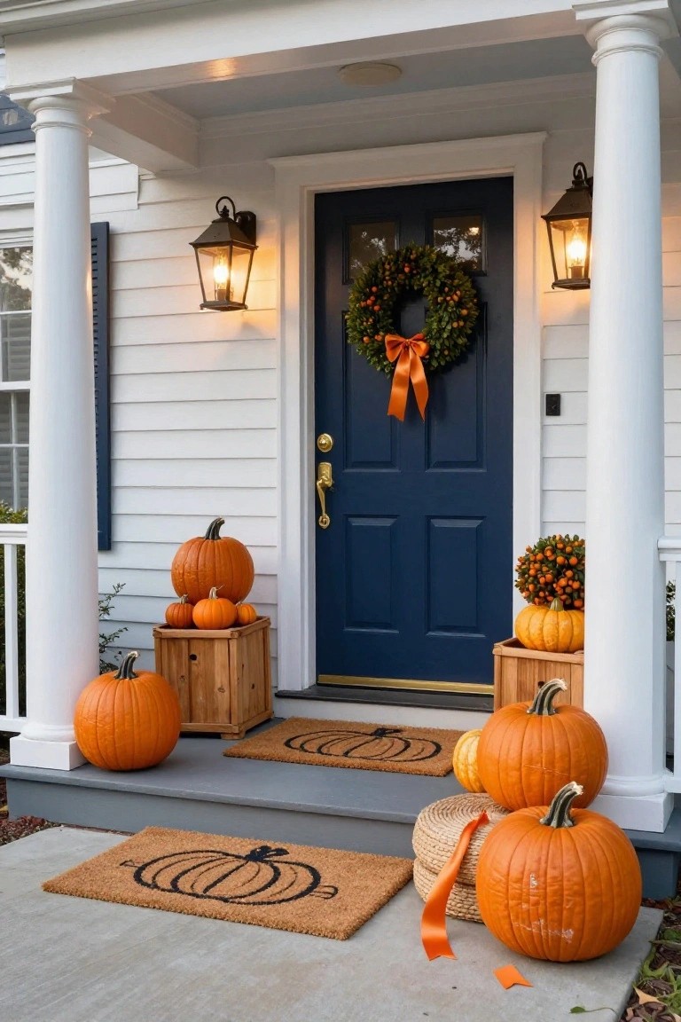 White clapboard house with navy front door and white columns on porch, decorated for Halloween with orange pumpkins stacked on wooden crates, small pumpkins grouped nearby, green wreath with orange bow on door, lanterns on walls, and pumpkin doormats.