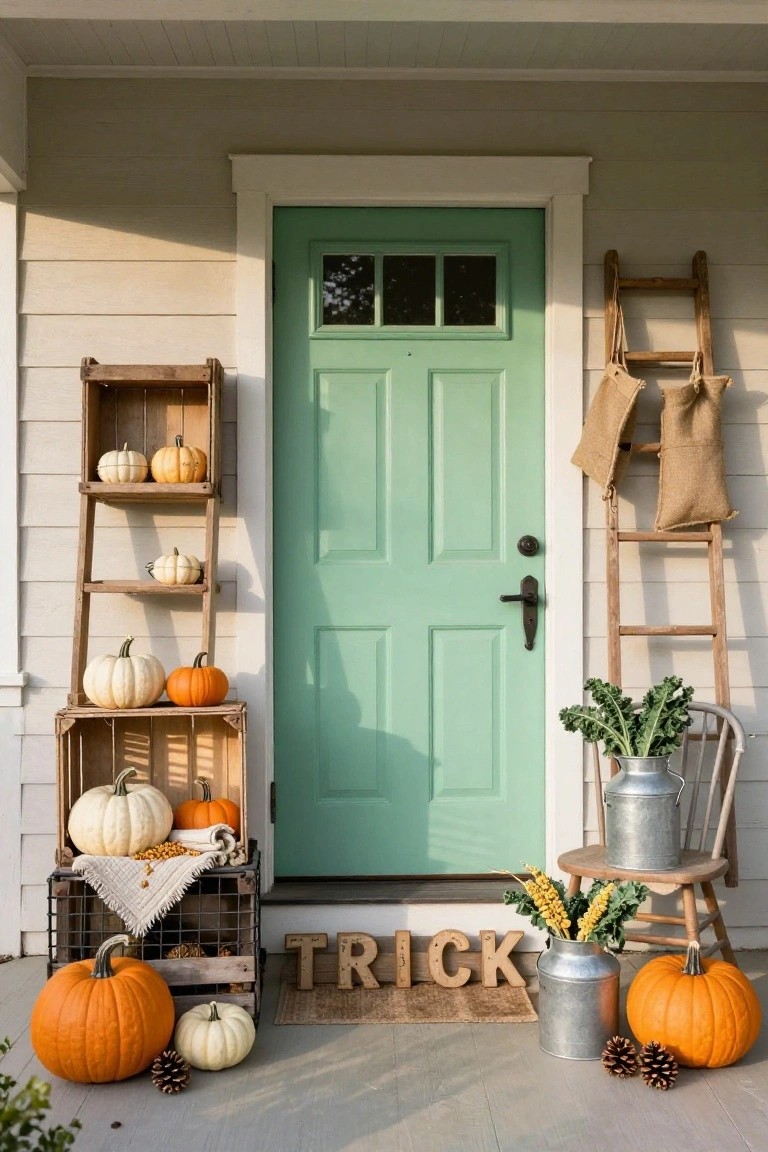 Front porch entry with mint green door, stacked wooden crates and leaning ladder displaying white and orange pumpkins, burlap sacks hanging from ladder, milk cans with greenery, wooden TRICK letters, and pinecones on steps.