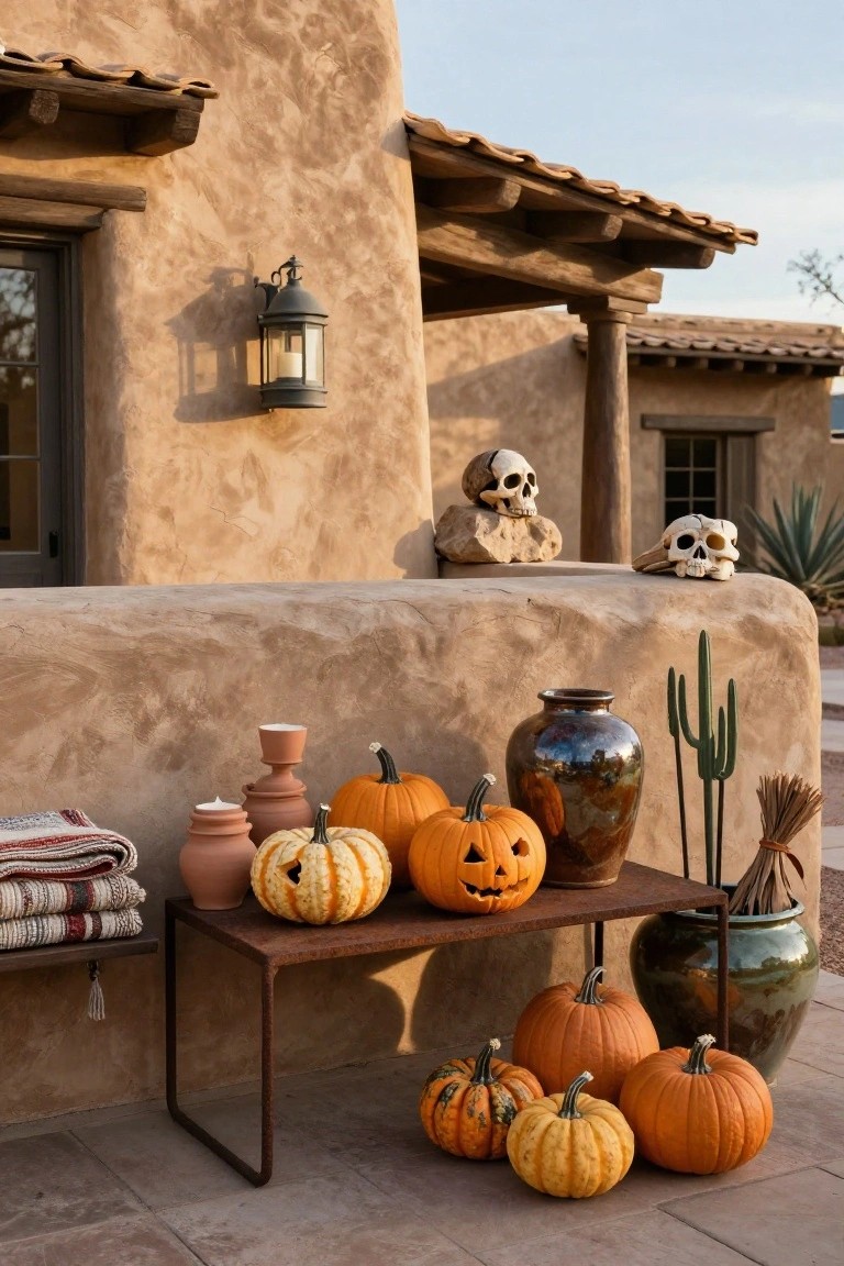 Adobe-style porch wall with a low black metal table holding carved jack-o-lanterns, pumpkins, and pottery, surrounded by potted cacti, skulls on the wall, a hanging lantern, and a folded blanket on a shelf.