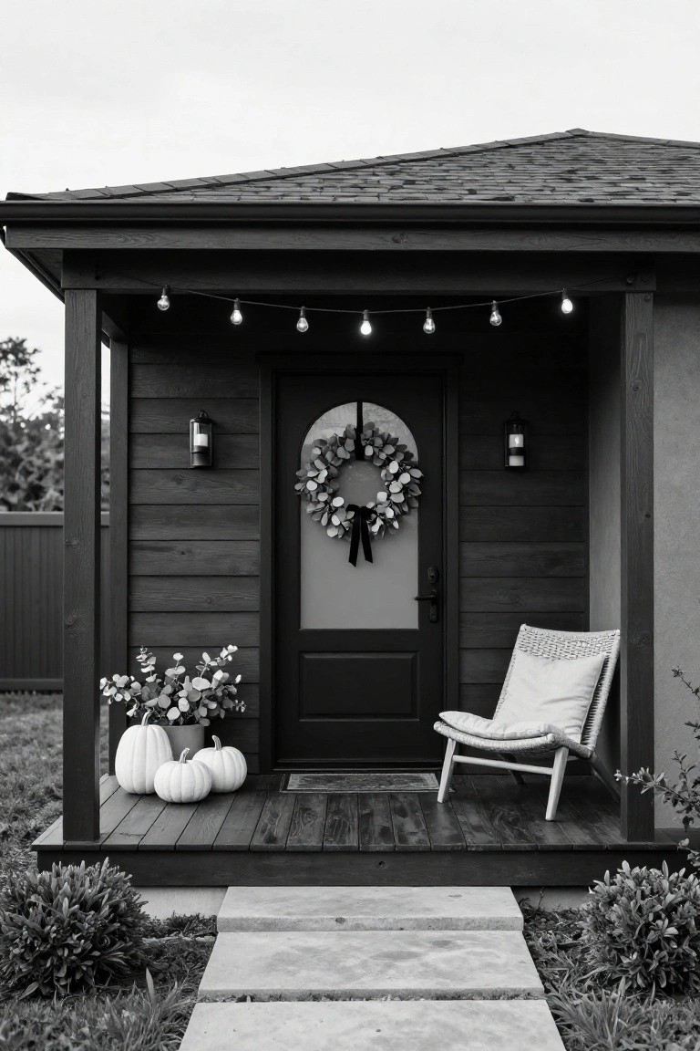 Black and white photo of a modern dark wood front porch decorated for Halloween featuring clusters of white pumpkins on the steps, an eucalyptus wreath with black ribbon on the glass door, string lights along the porch beams, a wicker chair with cushion, potted plants, and a stone pathway leading up.